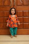 Cotton Blend Baby Girl's Jaipuri Print Frock Style Kurti With Frill Sleeves And Dhoti Style Salwar With Elastic Closure Ethnic Dress Clothing Set