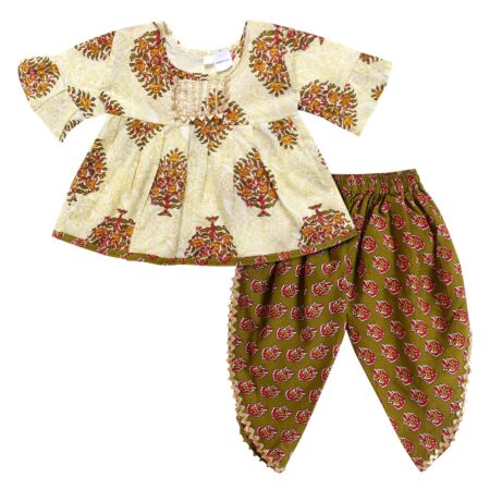 Cotton Blend Baby Girl's Jaipuri Print Frock Style Kurti With Frill Sleeves And Dhoti Style Salwar With Elastic Closure Ethnic Dress Clothing Set