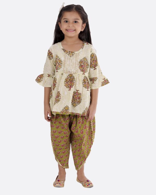 Cotton Blend Baby Girl's Jaipuri Print Frock Style Kurti With Frill Sleeves And Dhoti Style Salwar With Elastic Closure Ethnic Dress Clothing Set