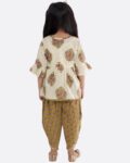 Cotton Blend Baby Girl's Jaipuri Print Frock Style Kurti With Frill Sleeves And Dhoti Style Salwar With Elastic Closure Ethnic Dress Clothing Set