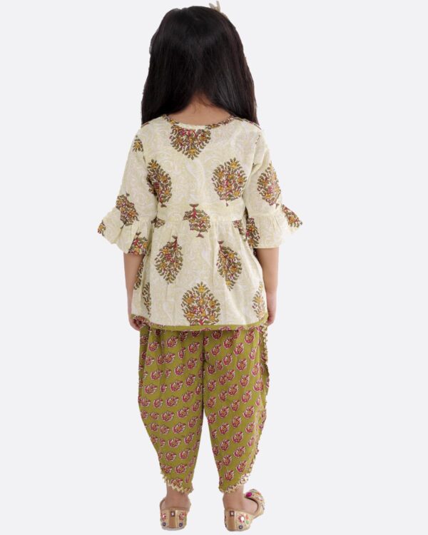 Cotton Blend Baby Girl's Jaipuri Print Frock Style Kurti With Frill Sleeves And Dhoti Style Salwar With Elastic Closure Ethnic Dress Clothing Set