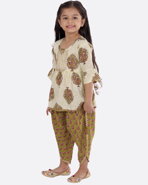 Cotton Blend Baby Girl's Jaipuri Print Frock Style Kurti With Frill Sleeves And Dhoti Style Salwar With Elastic Closure Ethnic Dress Clothing Set