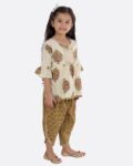 Cotton Blend Baby Girl's Jaipuri Print Frock Style Kurti With Frill Sleeves And Dhoti Style Salwar With Elastic Closure Ethnic Dress Clothing Set