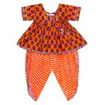 Cotton Blend Baby Girl's Jaipuri Print Frock Style Kurti With Frill Sleeves And Dhoti Style Salwar With Elastic Closure Ethnic Dress Clothing Set