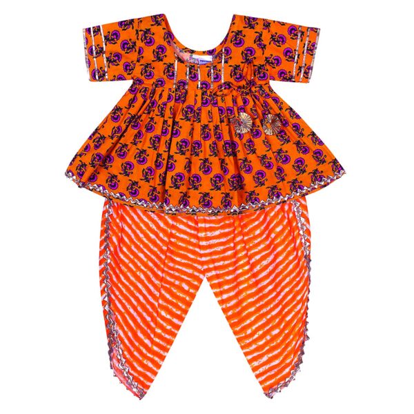 Cotton Blend Baby Girl's Jaipuri Print Frock Style Kurti With Frill Sleeves And Dhoti Style Salwar With Elastic Closure Ethnic Dress Clothing Set
