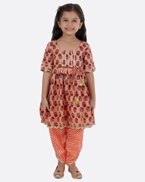 Cotton Blend Baby Girl's Jaipuri Print Frock Style Kurti With Frill Sleeves And Dhoti Style Salwar With Elastic Closure Ethnic Dress Clothing Set