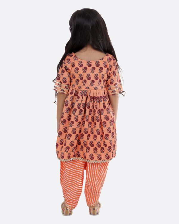 Cotton Blend Baby Girl's Jaipuri Print Frock Style Kurti With Frill Sleeves And Dhoti Style Salwar With Elastic Closure Ethnic Dress Clothing Set