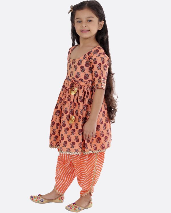 Cotton Blend Baby Girl's Jaipuri Print Frock Style Kurti With Frill Sleeves And Dhoti Style Salwar With Elastic Closure Ethnic Dress Clothing Set