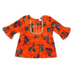Cotton Blend Baby Girl's Jaipuri Print Frock Style Kurti With Frill Sleeves And Dhoti Style Salwar With Elastic Closure Ethnic Dress Clothing Set