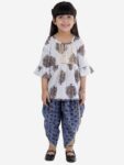 Cotton Blend Baby Girl's Jaipuri Print Frock Style Kurti With Frill Sleeves And Dhoti Style Salwar With Elastic Closure Ethnic Dress Clothing Set
