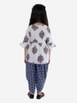 Cotton Blend Baby Girl's Jaipuri Print Frock Style Kurti With Frill Sleeves And Dhoti Style Salwar With Elastic Closure Ethnic Dress Clothing Set