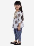 Cotton Blend Baby Girl's Jaipuri Print Frock Style Kurti With Frill Sleeves And Dhoti Style Salwar With Elastic Closure Ethnic Dress Clothing Set