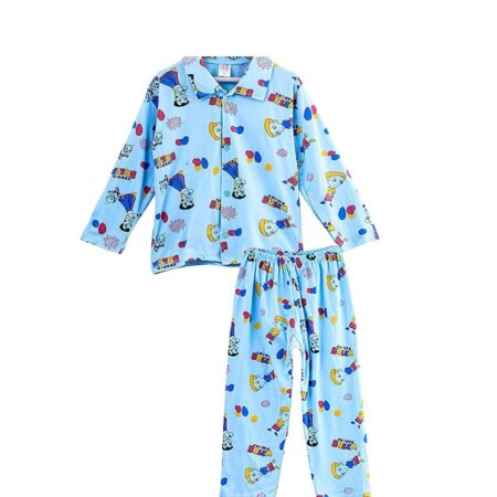 Cotton Night Suit for Girls & Boys, Full Sleeves, Printed, Collared Neck Sleepuits, Shirt & Pyjama Set Nightwear for Kids