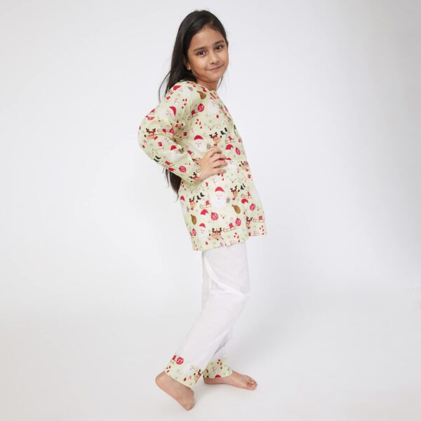 Cotton, Regular Fit, Sleigh Ride Print Kurta Style Night Suit Pyjama Set for Kids