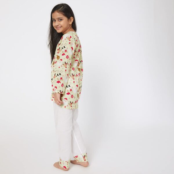 Cotton, Regular Fit, Sleigh Ride Print Kurta Style Night Suit Pyjama Set for Kids