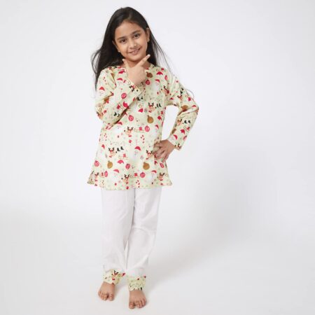 Cotton, Regular Fit, Sleigh Ride Print Kurta Style Night Suit Pyjama Set for Kids