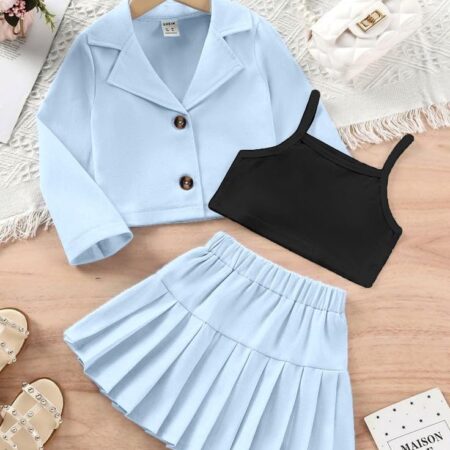 DENEEN FAB Three Piece Co ord Set Dress for Girls Jacket Top and Skirt Cotton Open Front Suits Set