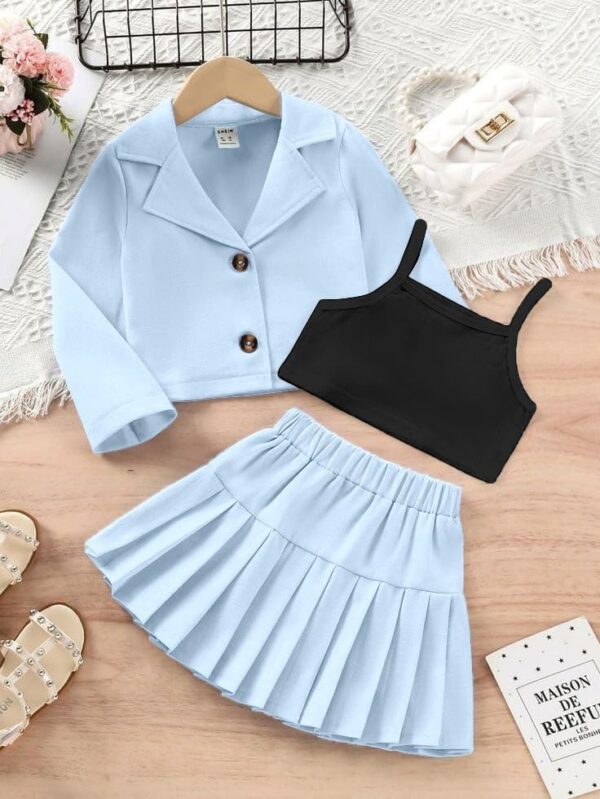 Three Piece Co ord Set Dress for Girls Jacket Top and Skirt Cotton Open Front Suits Set