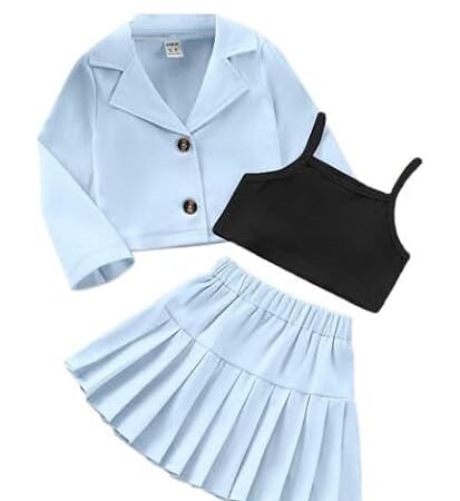 Three Piece Co ord Set Dress for Girls Jacket Top and Skirt Cotton Open Front Suits Set
