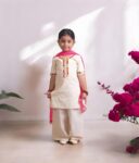 Kids Cotton Round Neck Elbow Sleeves Embroidered Regular Faux Mukaish Work Kurti with Sharara For Baby Girls - Off white