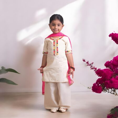 FAYON Kids Cotton Round Neck Elbow Sleeves Embroidered Regular Faux Mukaish Work Kurti with Sharara For Baby Girls - Off white