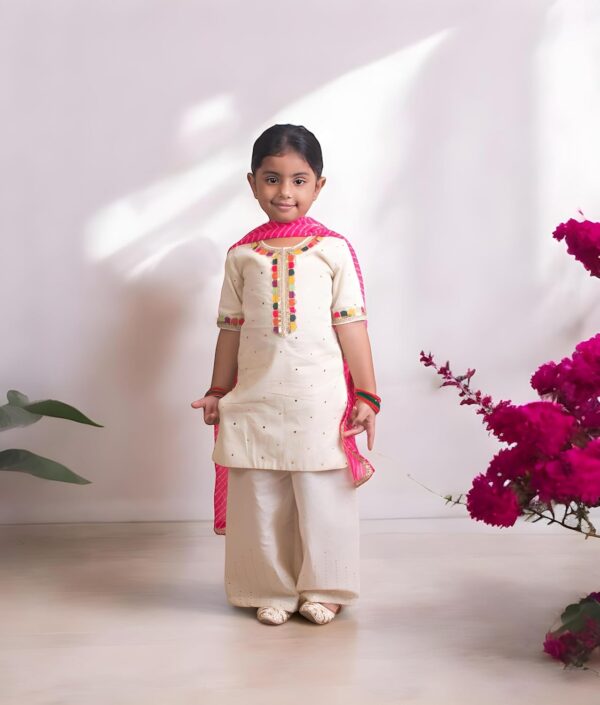 Kids Cotton Round Neck Elbow Sleeves Embroidered Regular Faux Mukaish Work Kurti with Sharara For Baby Girls - Off white