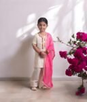 Kids Cotton Round Neck Elbow Sleeves Embroidered Regular Faux Mukaish Work Kurti with Sharara For Baby Girls - Off white