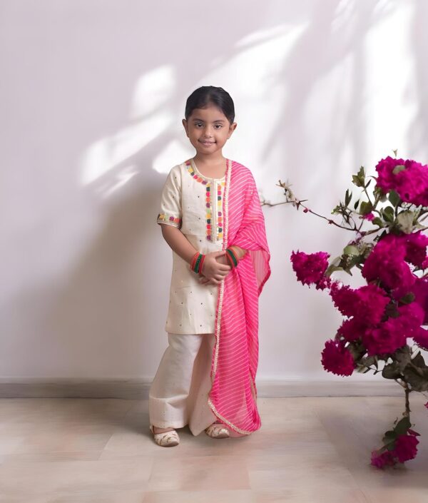 Kids Cotton Round Neck Elbow Sleeves Embroidered Regular Faux Mukaish Work Kurti with Sharara For Baby Girls - Off white