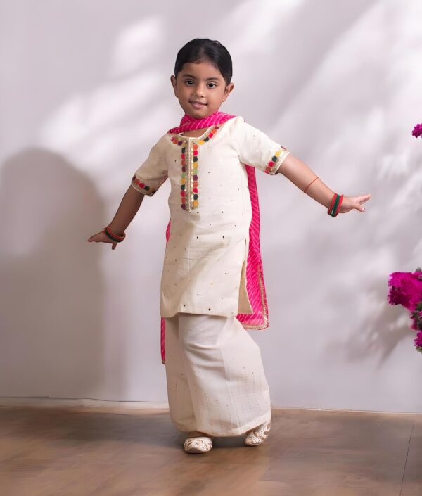 Kids Cotton Round Neck Elbow Sleeves Embroidered Regular Faux Mukaish Work Kurti with Sharara For Baby Girls - Off white