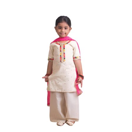 Kids Cotton Round Neck Elbow Sleeves Embroidered Regular Faux Mukaish Work Kurti with Sharara For Baby Girls - Off white