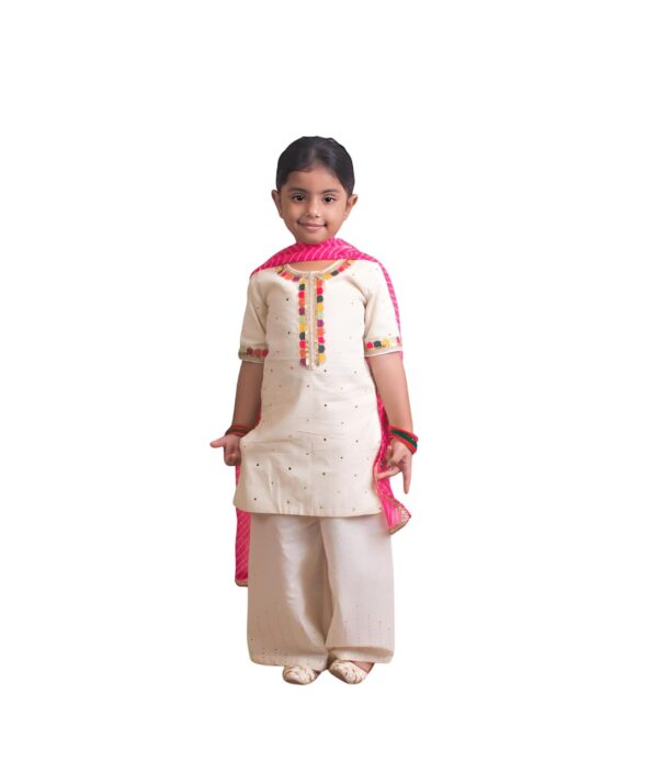 Kids Cotton Round Neck Elbow Sleeves Embroidered Regular Faux Mukaish Work Kurti with Sharara For Baby Girls - Off white