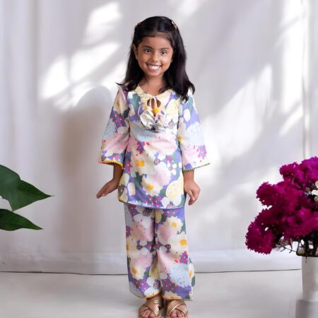 FAYON Kids Cotton Round Neck Full Sleeves Regular Floral Printed Kurti with Sharara For Baby Girls