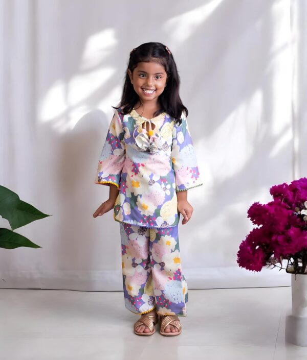 Kids Cotton Round Neck Full Sleeves Regular Floral Printed Kurti with Sharara For Baby Girls