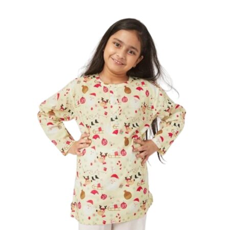 Cotton, Regular Fit, Sleigh Ride Print Kurta Style Night Suit Pyjama Set for Kids
