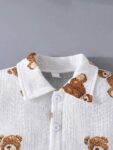 Boys Teddy Bear Print Summer Outfit, White Cotton Shirt and Shorts Set, Short Sleeve