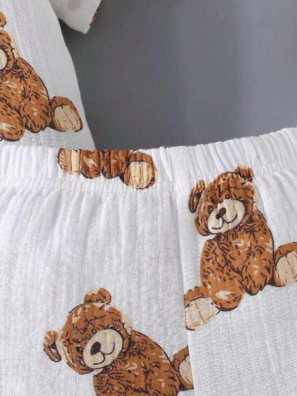 Boys Teddy Bear Print Summer Outfit, White Cotton Shirt and Shorts Set, Short Sleeve
