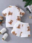 Boys Teddy Bear Print Summer Outfit, White Cotton Shirt and Shorts Set, Short Sleeve