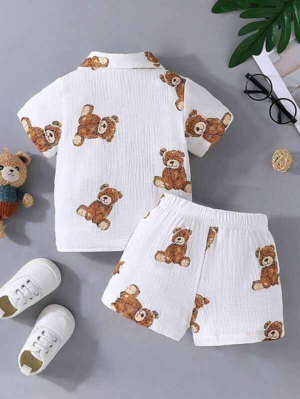 Boys Teddy Bear Print Summer Outfit, White Cotton Shirt and Shorts Set, Short Sleeve