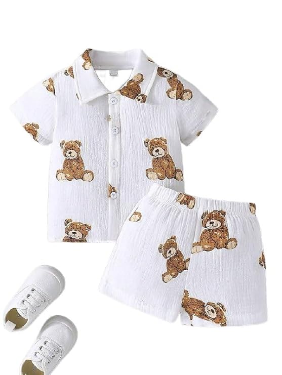 Boys Teddy Bear Print Summer Outfit, White Cotton Shirt and Shorts Set, Short Sleeve