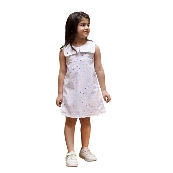 Girls Cotton Backyard Beach Frock - Sleeveless White Casual Summer Outfit with Puritan Collar, All-Over Print & Embroidery | Lightweight & Stylish for Everyday Wear