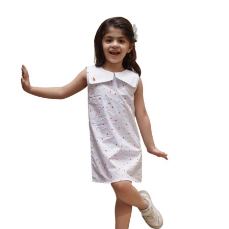 Girls Cotton Backyard Beach Frock - Sleeveless White Casual Summer Outfit with Puritan Collar, All-Over Print & Embroidery | Lightweight & Stylish for Everyday Wear