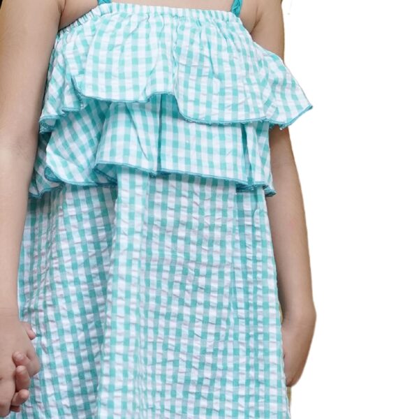Girls Cotton Blissful Green Frock - Sleeveless Checkered Casual Seersucker Frock with Braided Straps & Overlocked Ruffles | Perfect for Summer & Everyday Wear
