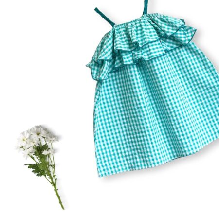 Girls Cotton Blissful Green Frock - Sleeveless Checkered Casual Seersucker Frock with Braided Straps & Overlocked Ruffles | Perfect for Summer & Everyday Wear
