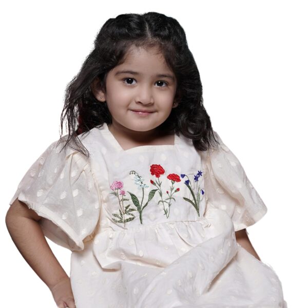 Girls Cotton Ecru Polka Embroidery Frock | Off-White Textured Half-Sleeve Frock with Floral Embroidery | Above Knee Length Dress | Lightweight, Stylish & Comfortable...