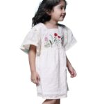 Girls Cotton Ecru Polka Embroidery Frock | Off-White Textured Half-Sleeve Frock with Floral Embroidery | Above Knee Length Dress | Lightweight, Stylish & Comfortable...