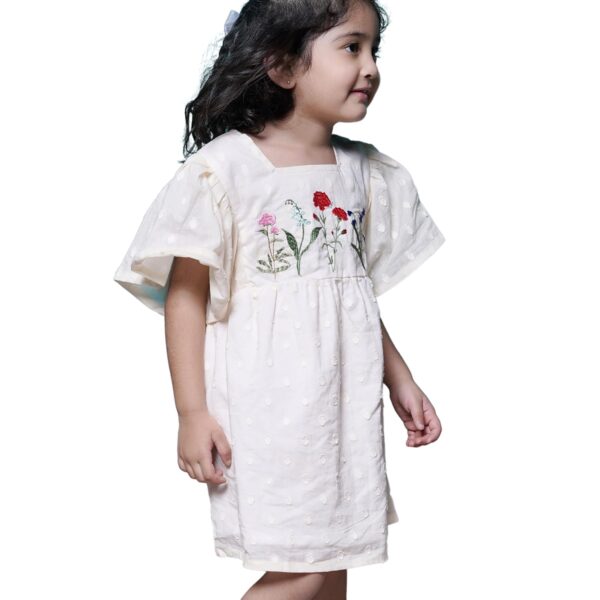 Girls Cotton Ecru Polka Embroidery Frock | Off-White Textured Half-Sleeve Frock with Floral Embroidery | Above Knee Length Dress | Lightweight, Stylish & Comfortable...