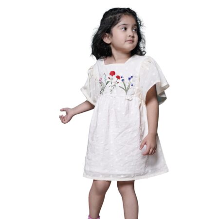 Girls Cotton Ecru Polka Embroidery Frock | Off-White Textured Half-Sleeve Frock with Floral Embroidery | Above Knee Length Dress | Lightweight, Stylish & Comfortable...