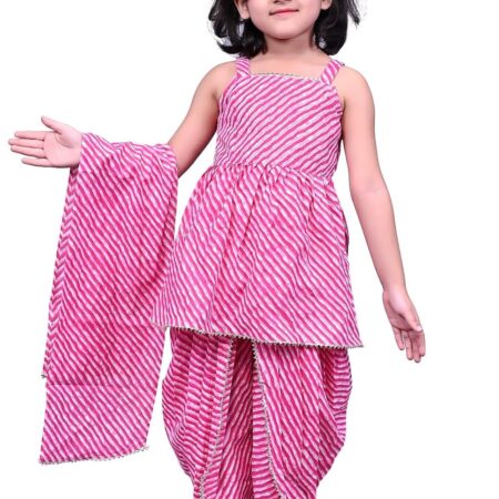 Girls Leheriya Printed Pure Cotton Kurti With Dhoti Pants & Dupatta