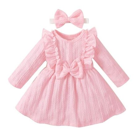 Girl's Polyester And Spandex Bow Applique Full-Sleeve Knee