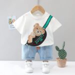 Boy's Cotton Printed T-Shirt with Shorts in White Color Baby Boys Clothing Set